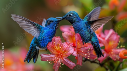 Vibrant Blue Hummingbirds Interacting Among Pink Flowers In Lush Garden © AS Photo Family