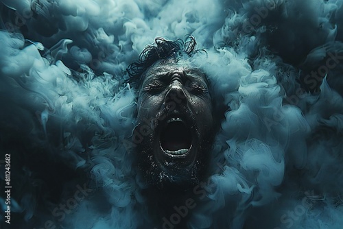 Screaming man with blue smoke,  Halloween concept,   Rendering photo