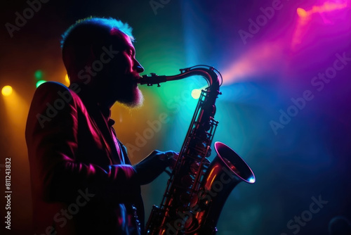 A man is energetically playing a saxophone on a stage  captivating the audience with his music