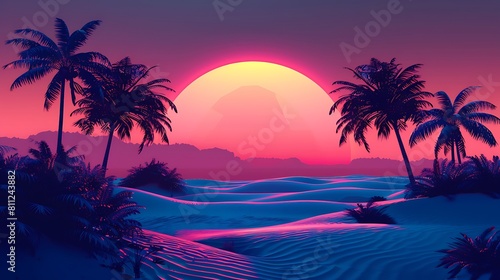 Vaporwave  synthwave retro style neon landscape background with palms  sunset