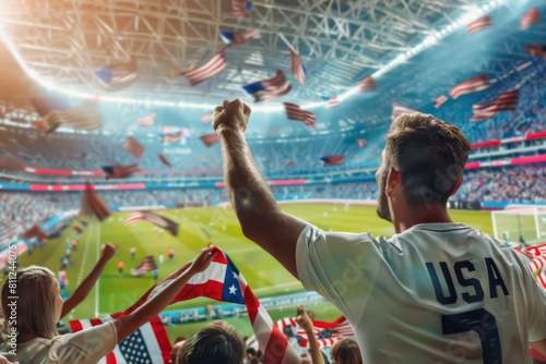 US American football soccer fans in a stadium supporting the national team, with scarfs and flags, Soccer Boys  © PixelGallery