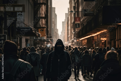 A man in a hoodie casually strolling down a city street © sommersby