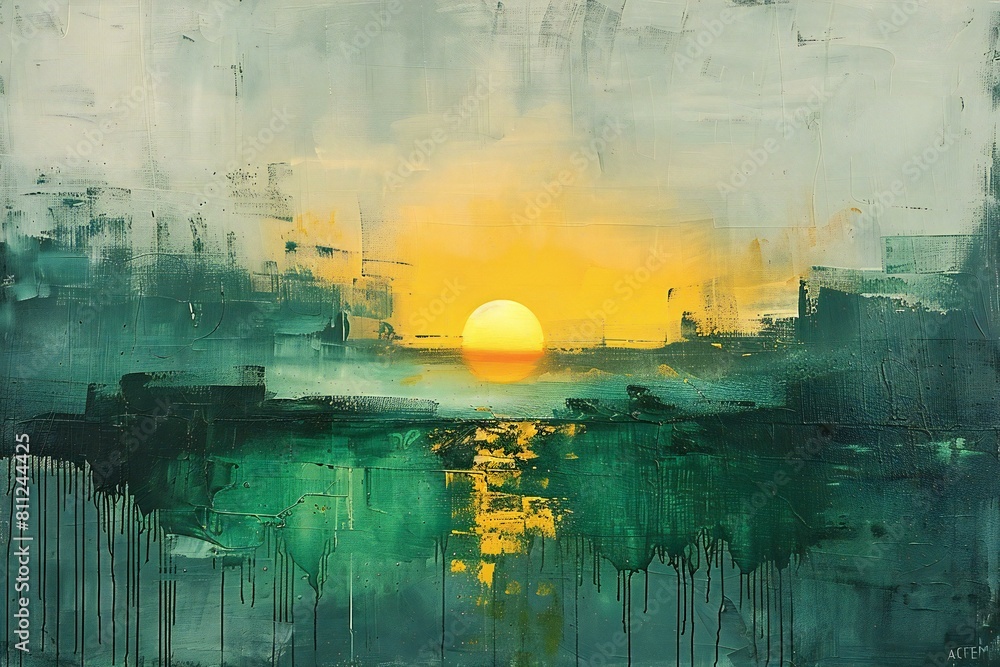 Sunset over the city,  Grunge painting on canvas