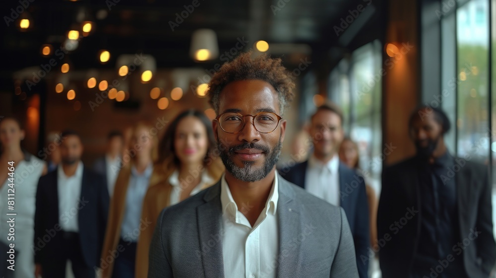 Confident Mixed Race Businessman Leading Team in Modern Office Confident Mixed Race Businessman Leading Team in Modern Office