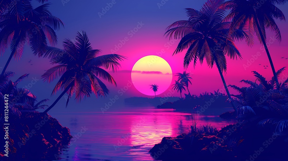 Vaporwave, synthwave retro style neon landscape background with palms, sunset