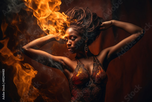 A woman with dreadlocks standing in front of a roaring fire