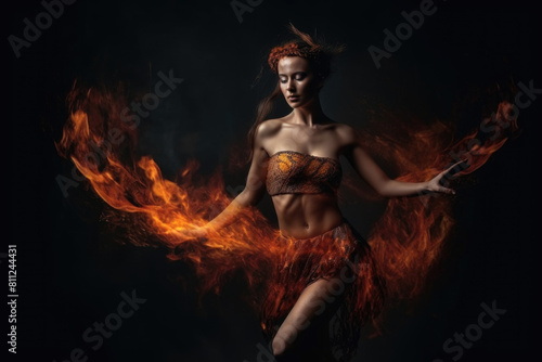 A woman wearing a bikini is surrounded by fire in an intense and dramatic scene