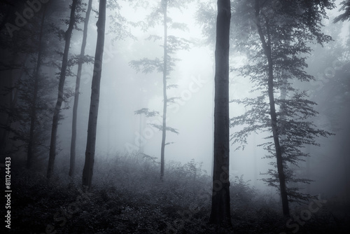 dark fantasy mysterious woods landscape in fog