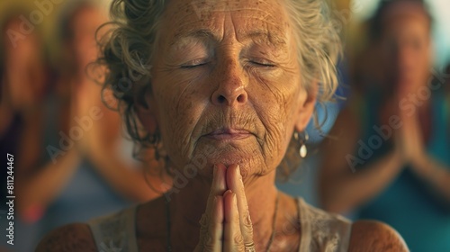 Elderly woman with clasped hands and closed eyes meditating with group of people.