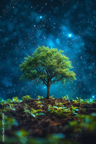 Luminous Lone Tree Under a Starlit Sky  Symbol of Hope and Growth