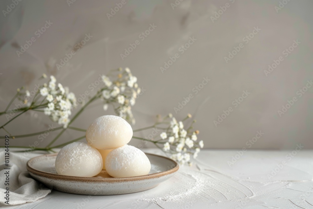 White mochi elegantly presented on a plate with delicate white flowers, ideal for high-end culinary magazines or sophisticated dessert marketing. White mochi elegantly presented on a plate with delicate white flowers, ideal for high-end culinary magazines or sophisticated dessert marketing.