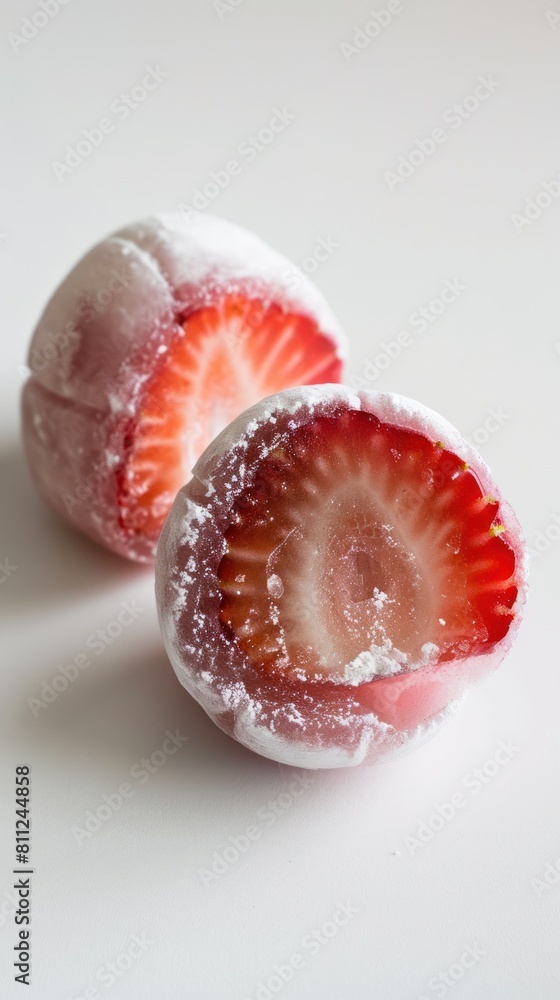 A half-sliced strawberry mochi against a plain background, ideal for minimalist food photography or high-end dessert catalogues focusing on texture and natural sweetness. A half-sliced strawberry mochi against a plain background, ideal for minimalist food photography or high-end dessert catalogues focusing on texture and natural sweetness.