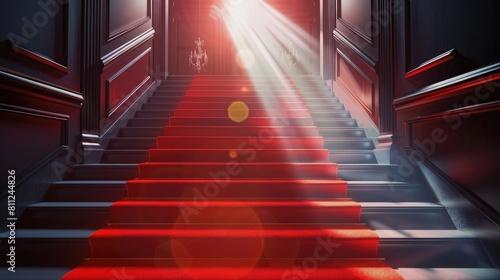 a staircase leading to a red carpet and sun beaming above realistic