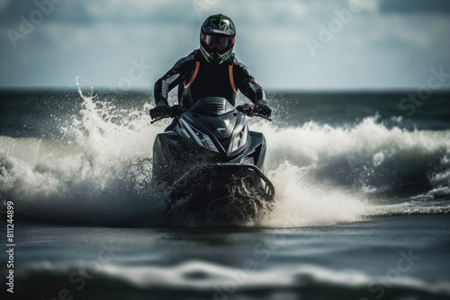A man is actively riding a jet ski on top of a body of water, creating splashes as he maneuvers through the waves © sommersby