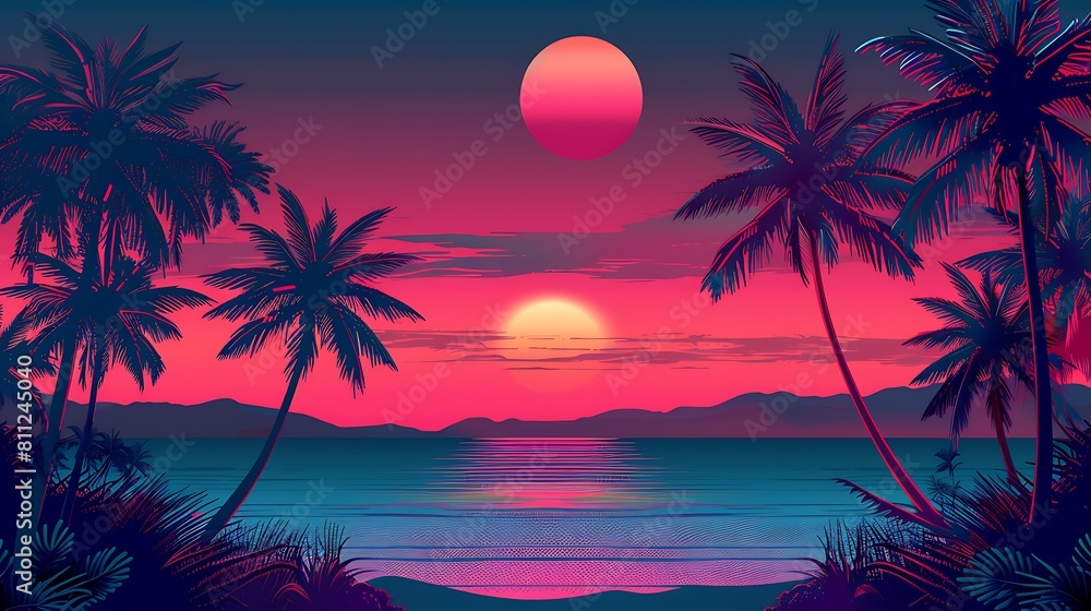 Vaporwave, synthwave retro style neon landscape background with palms, sunset