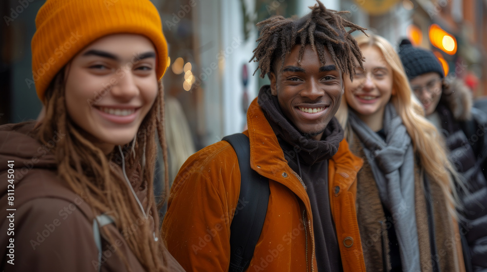 Young Multiracial Friends Smiling Together on a City Street in Winter Clothing