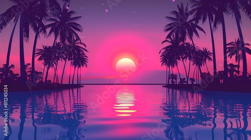 Vaporwave, synthwave retro style neon landscape background with palms, sunset © haallArt