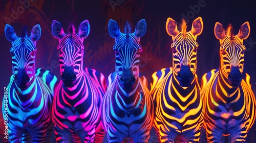 Seven zebras  glowing zebra pattern  colorful. Generative AI.
