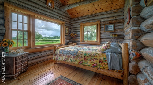   A log cabin bedroom with a bed, nightstand, and vase of flowers on top © Anna
