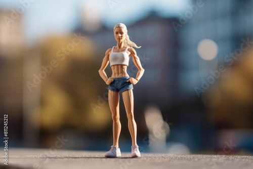 A miniature model poised confidently on pavement with a blurred city backdrop