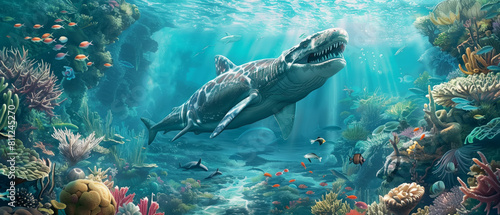 ancient marine reptiles like ichthyosaurs, mosasaurs, and plesiosaurs, gliding gracefully through crystal-clear waters filled with vibrant coral reefs and exotic fish photo