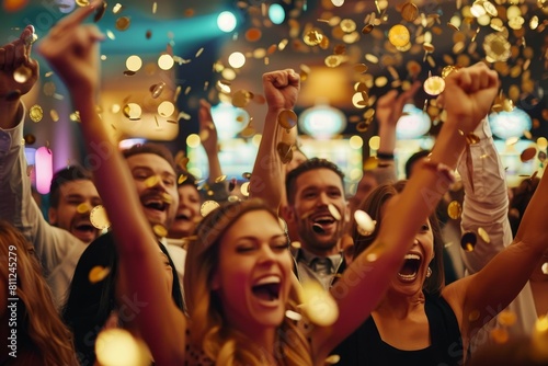 A jubilant crowd of casinogoers cheering and celebrating while throwing colorful confetti in the air, A jubilant crowd of casino-goers cheering and celebrating a Jackpot win