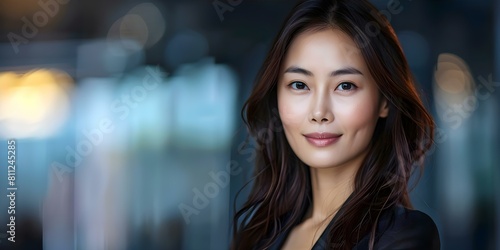 Portrait of a joyful Asian businesswoman in a professional office setting. Concept Office Portrait, Asian Businesswoman, Professional Setting, Joyful Expression, Corporate Look