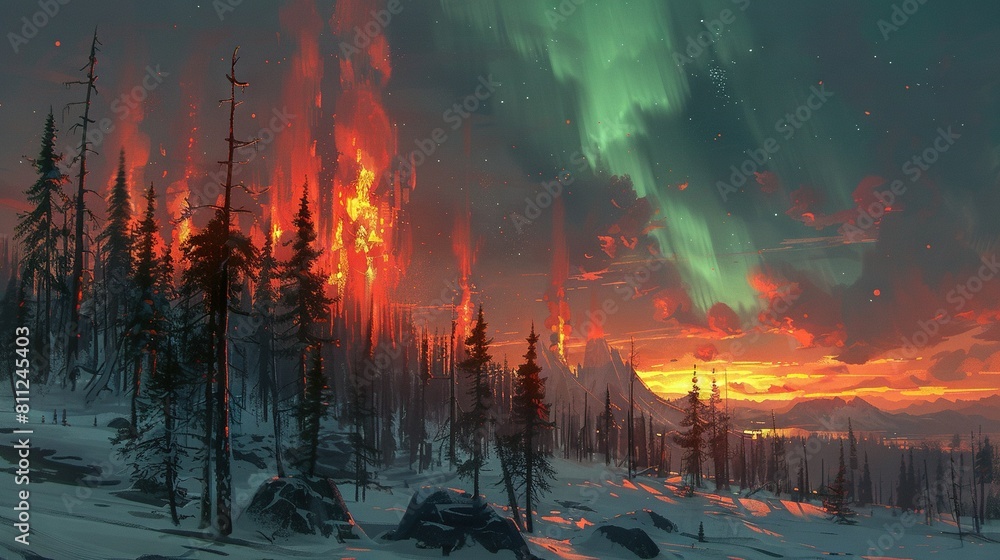 A vibrant depiction of a dense forest under a radiant sky ablaze with orange and green auroras A vibrant depiction of a dense forest under a radiant sky ablaze with orange and green auroras