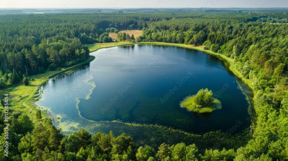 Aerial view of beautiful Balsys lake, one of six Green Lakes, located in Verkiai Regional Park. Birds eye view of scenic emerald lake surrounded by pine forests. Vilnius, Lithuania. hyper realistic 