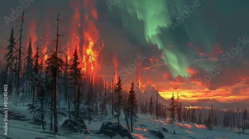  A vibrant depiction of a dense forest under a radiant sky ablaze with orange and green auroras