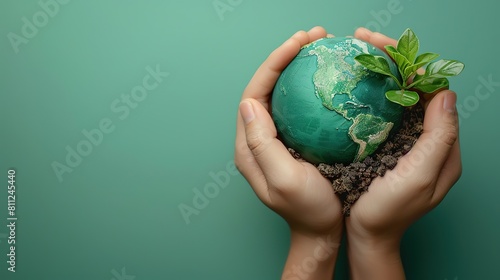 Hands delicately cradling a miniature Earth against a vibrant clear green natural backdrop, reinforcing themes of environmental care and global consciousness, Generative Ai