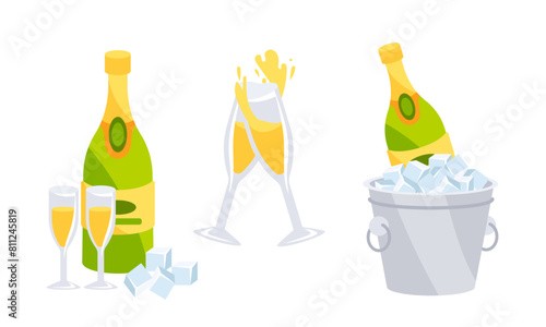 Champagne wine and glasses ice bucket collection. Champagne bottle. Alcoholic drink for celebration new year.