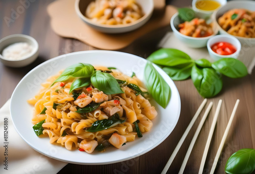 A white plate of stir-fried pasta with basil leaves, garnished in the wooden table