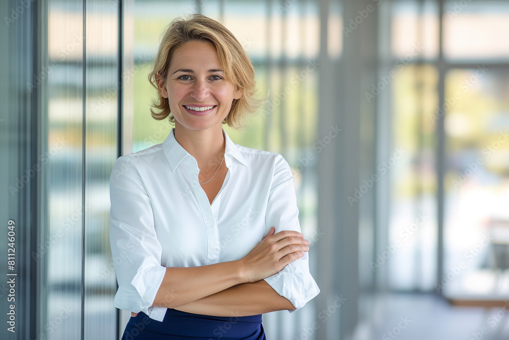 Smiling business woman standing in front of an office with her arms crossed, wearing a white shirt and navy blue skirt, modern glass interior design with natural light from the window Smiling business woman standing in front of an office with her arms crossed, wearing a white shirt and navy blue skirt, modern glass interior design with natural light from the window
