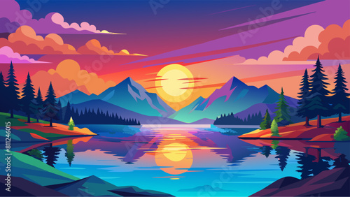 A beautiful landscape with a large mountain range and a lake. The sun is setting in the background, casting a warm glow over the scene. The colors are vibrant and the overall mood is peaceful