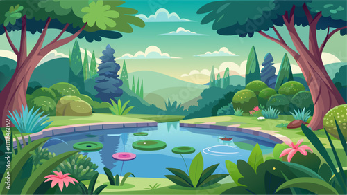 A lush green forest with a small pond in the middle. The pond is surrounded by trees and bushes, and there are several flowers scattered throughout the scene