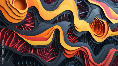 3D paper cut background inspired by the rhythms and patterns of music  with flowing lines and dynamic shapes that evoke the sensation of sound waves pulsating through space