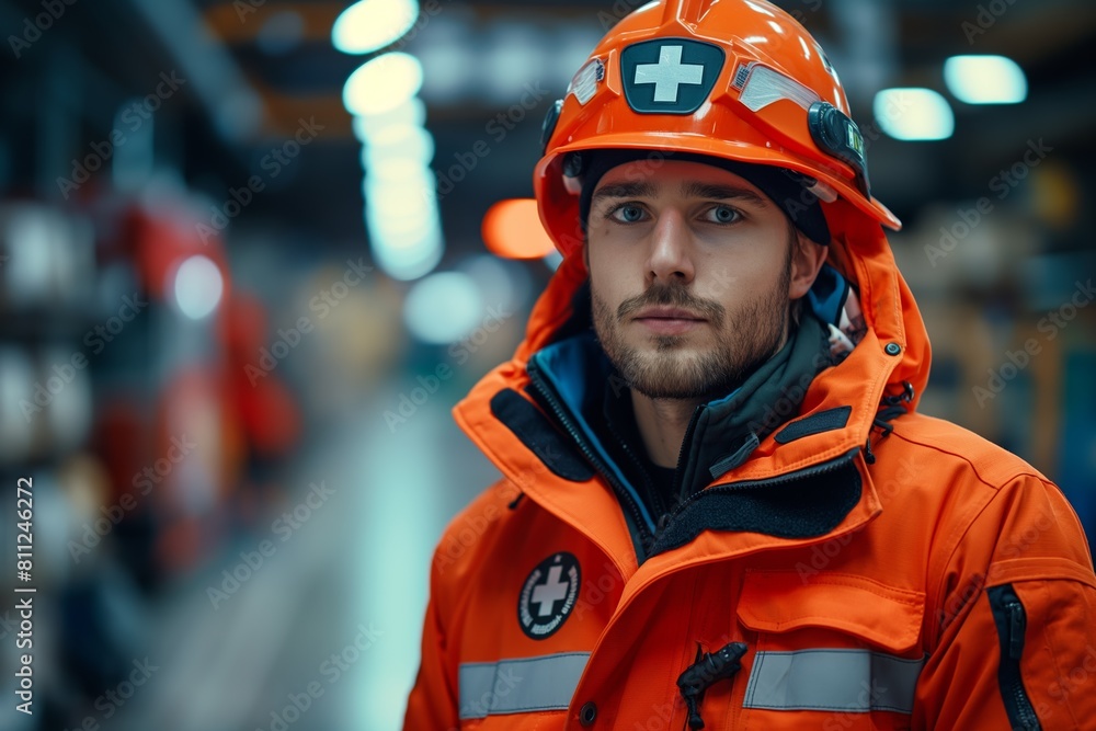 Intense male paramedic with safety helmet Intense male paramedic with safety helmet