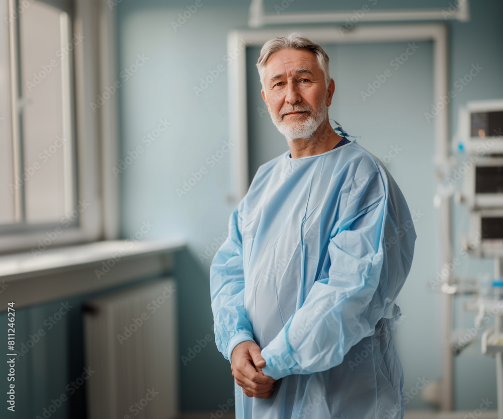A white senior man in a blue hospital gown stands in front of a window. Medical Care Patient A white senior man in a blue hospital gown stands in front of a window. Medical Care Patient