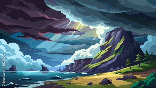 A dark sky with a mountain in the background. The sky is cloudy and the sun is shining through the clouds