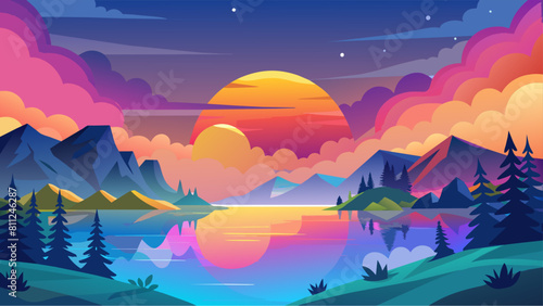 A beautiful landscape with a large orange sun in the sky. The sky is filled with clouds and the sun is setting. The mountains in the background are covered in trees and the lake is calm and peaceful