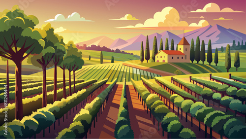 A beautiful countryside scene with a house and a vineyard. The house is located near the mountains and the vineyard is full of trees. The sky is a mix of blue and orange, creating a warm