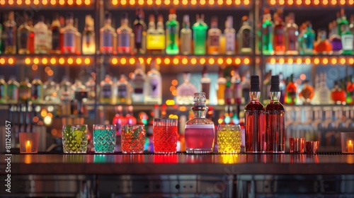 different colored cocktails standing on bar table