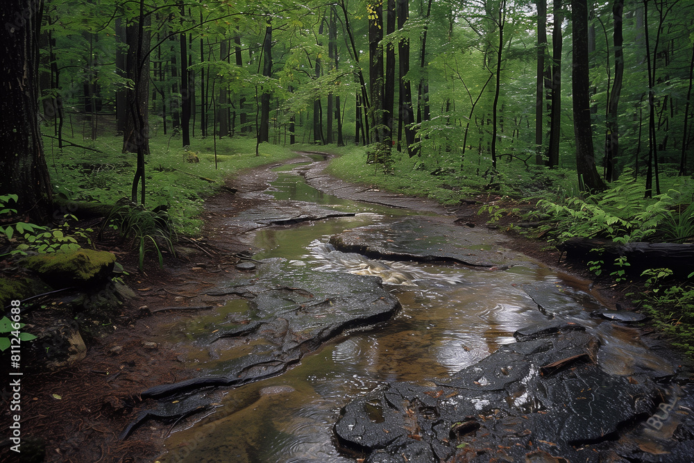 Obraz premium Hiking trails and exploring forests bursting with new life