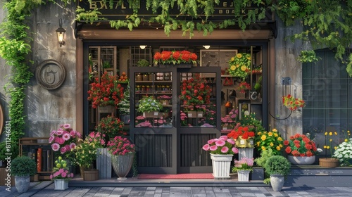 a store front view flower shop. street outdoor. beautiful flower shop front decoration realistic