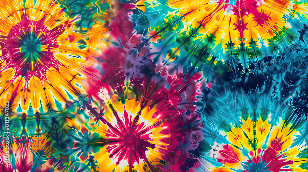 A collection of vividly colored tie-dye patterns and abstract textile art, showcasing a variety of intricate designs.