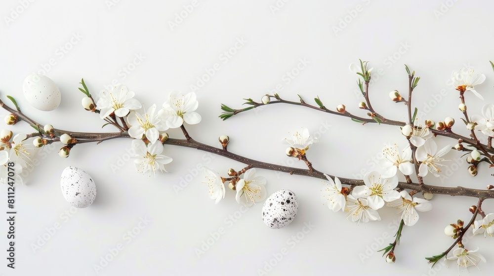 Elegant branch adorned with white flowers and eggs set against a white backdrop Simple design with space for writing Elegant branch adorned with white flowers and eggs set against a white backdrop Simple design with space for writing