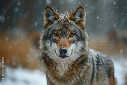 Close-up portrait of a gray wolf in the winter forest © BOOM