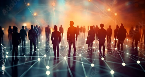 Communication, silhouette and virtual or futuristic people, networking and together or 3d interface. Social media, internet and cyber community for connection, innovation or matrix web system
