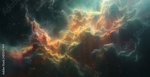 Space, abstract and clouds with nebula in sky for cosmic vapor, astronomy and wallpaper of galaxy. Graphic, design and background of with dark universe for interstellar, atmosphere and constellation © Peopleimages - AI